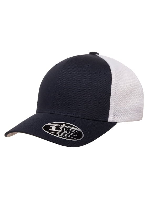 Flexfit - Two-tone navy and white mesh trucker cap with a Flexfit 110 logo.