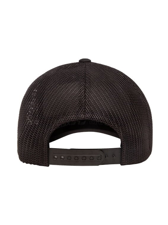 Flexfit - Black recycled mesh trucker cap with adjustable snapback.