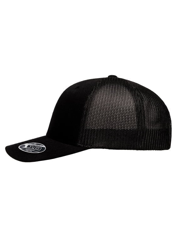Flexfit - Black recycled mesh trucker cap with a curved brim.