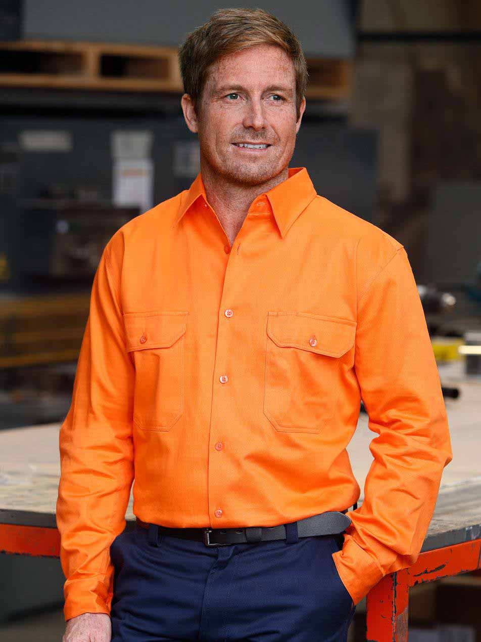 Australian Industrial Wear - Mens orange hi-vis cotton drill long sleeve shirt with two chest pockets.