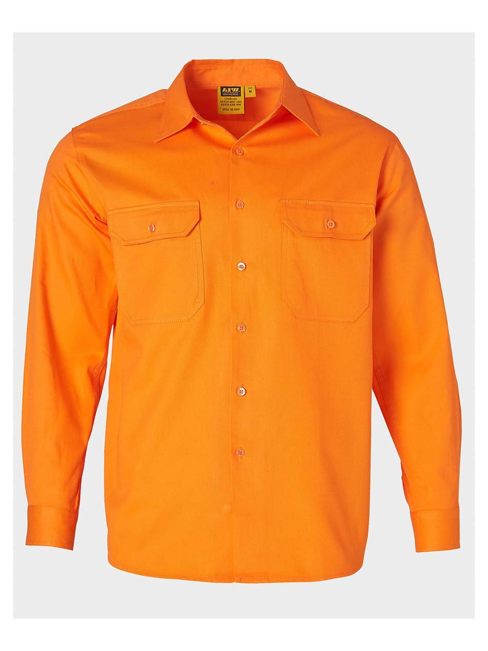 Australian Industrial Wear - Men's orange long-sleeve cotton drill shirt with two chest pockets.