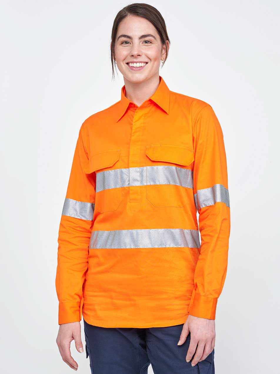 Unisex Hi-Vis Cool Breeze Closed Front Long Sleeve Work Shirt With Perforated Tape