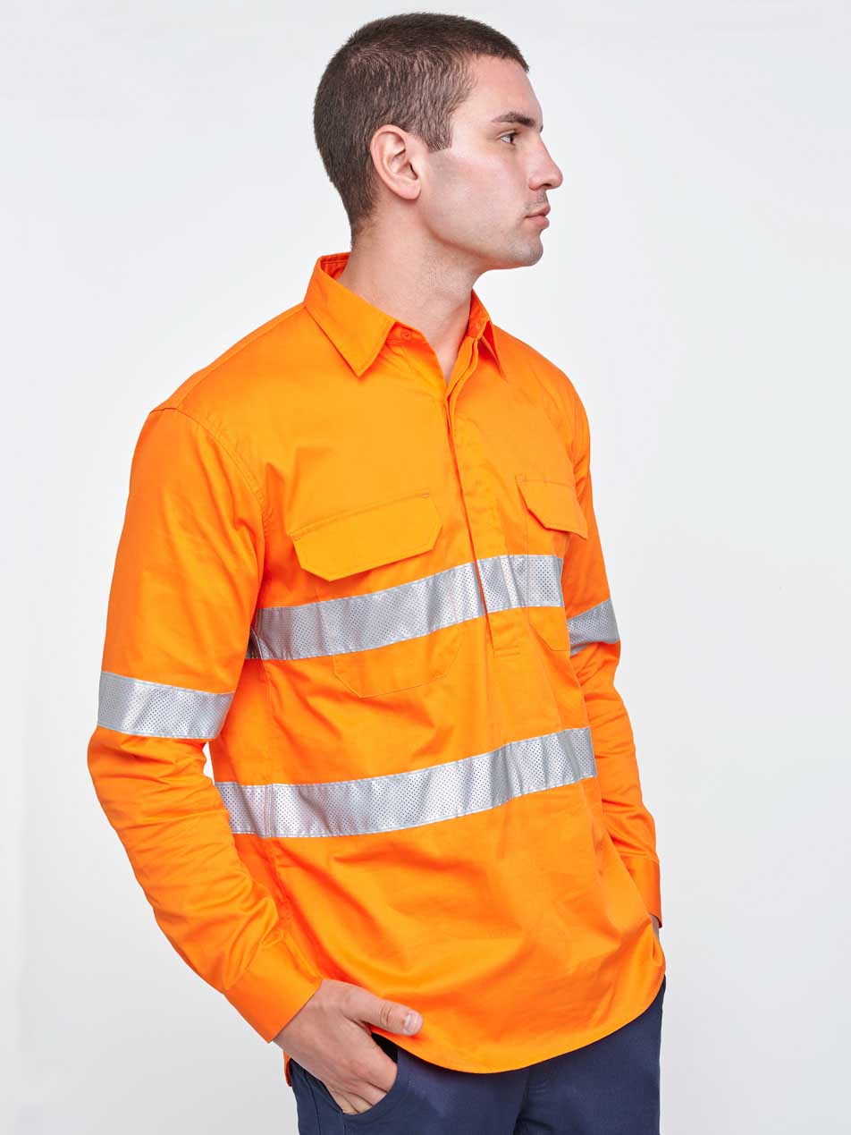 Unisex Hi-Vis Cool Breeze Closed Front Long Sleeve Work Shirt With Perforated Tape