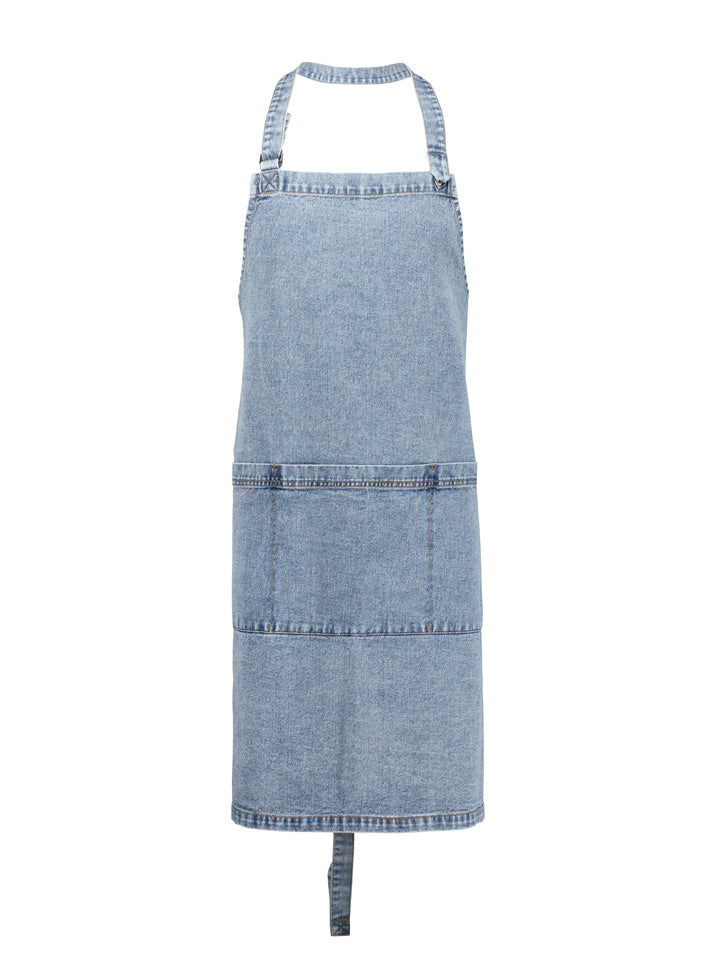 Biz Collection - Light blue denim apron with adjustable neck strap and multiple pockets.