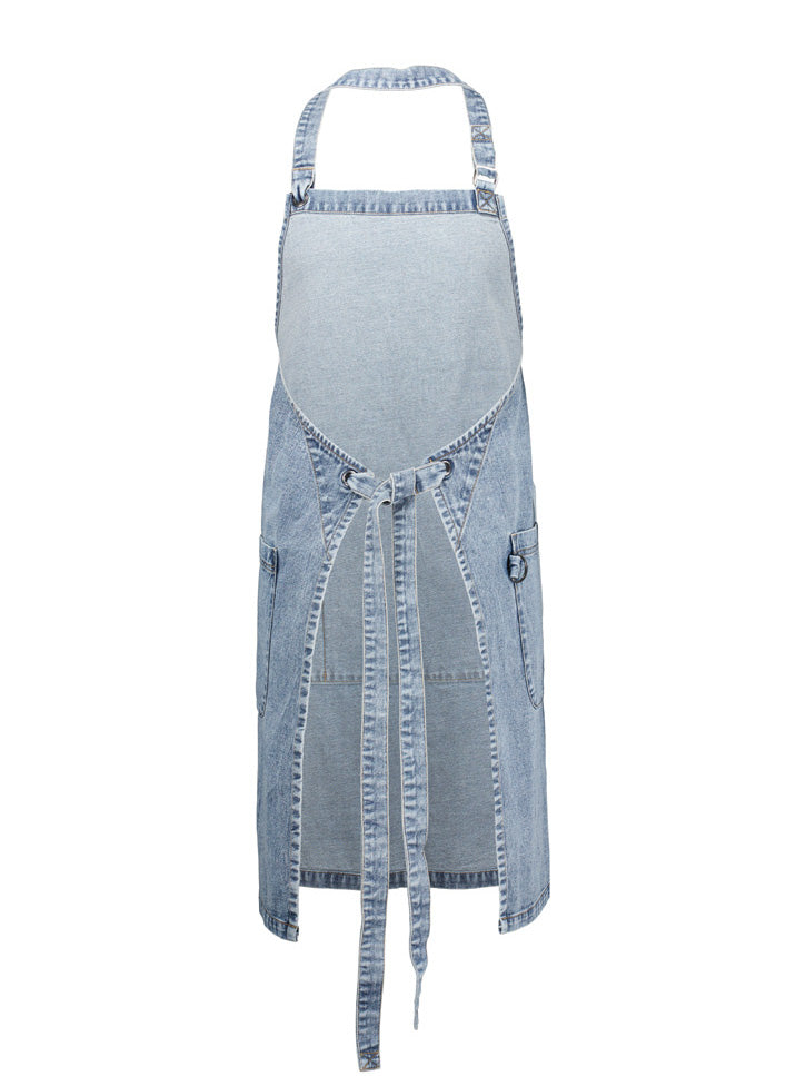 Biz Collection - Light wash denim apron with adjustable neck strap and waist ties.