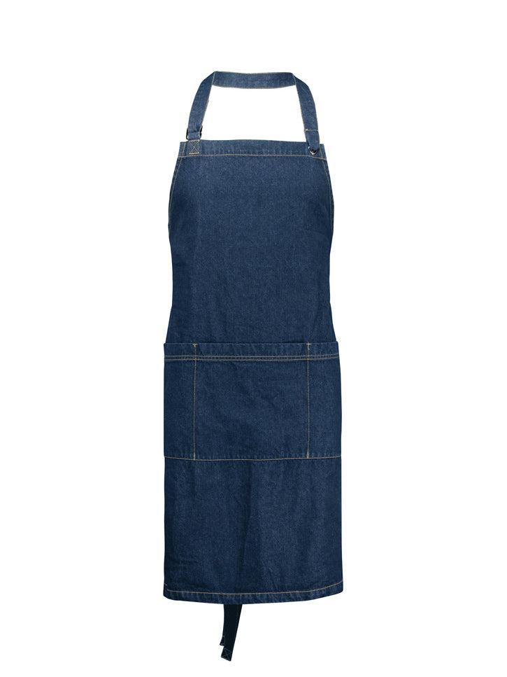 Biz Collection - Blue denim bib apron with adjustable neck strap and front pockets.
