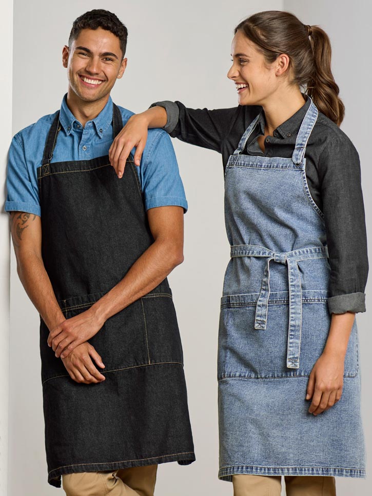 Biz Collection - Clout Apron: A man and woman wear dark and light wash denim aprons.