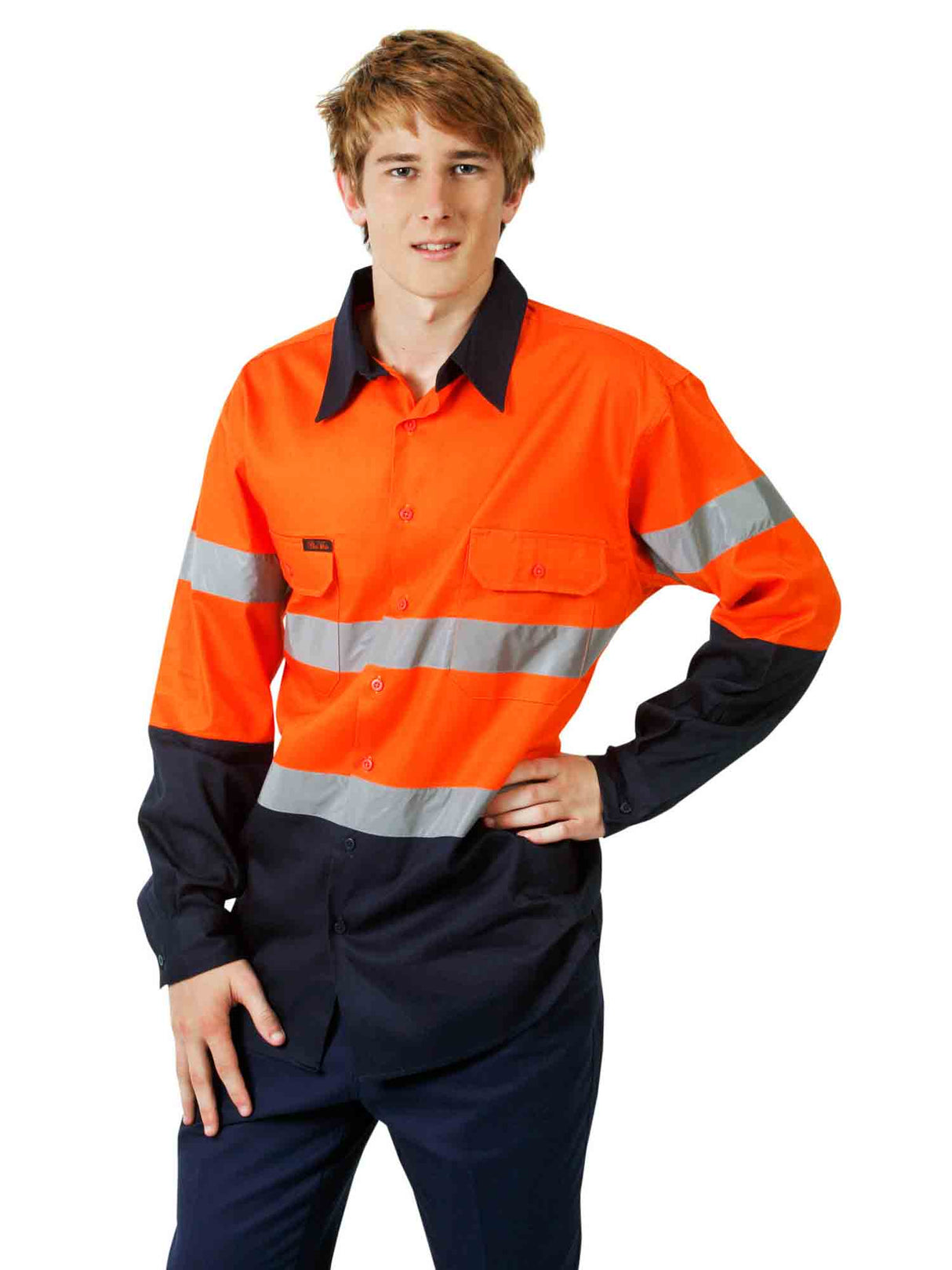 Hi Vis Long Sleeve Two Tone Cotton Drill Shirt With Taping