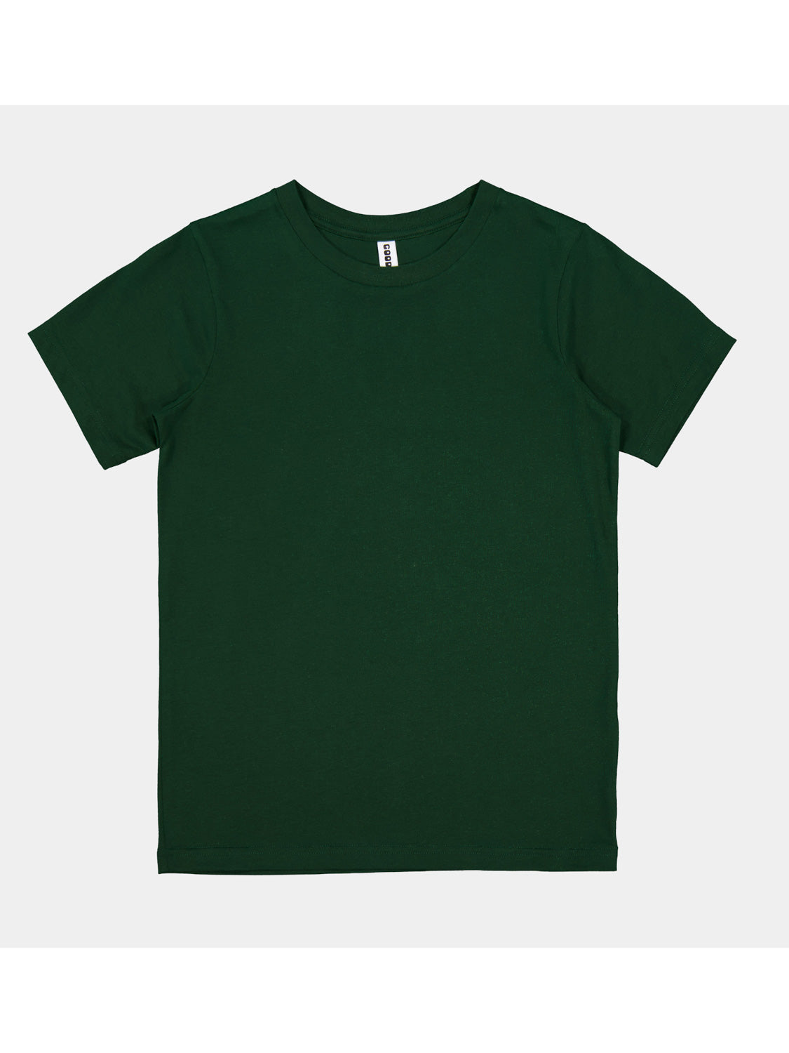 A dark green kids' short sleeve cotton t-shirt with a ribbed crew neckline.