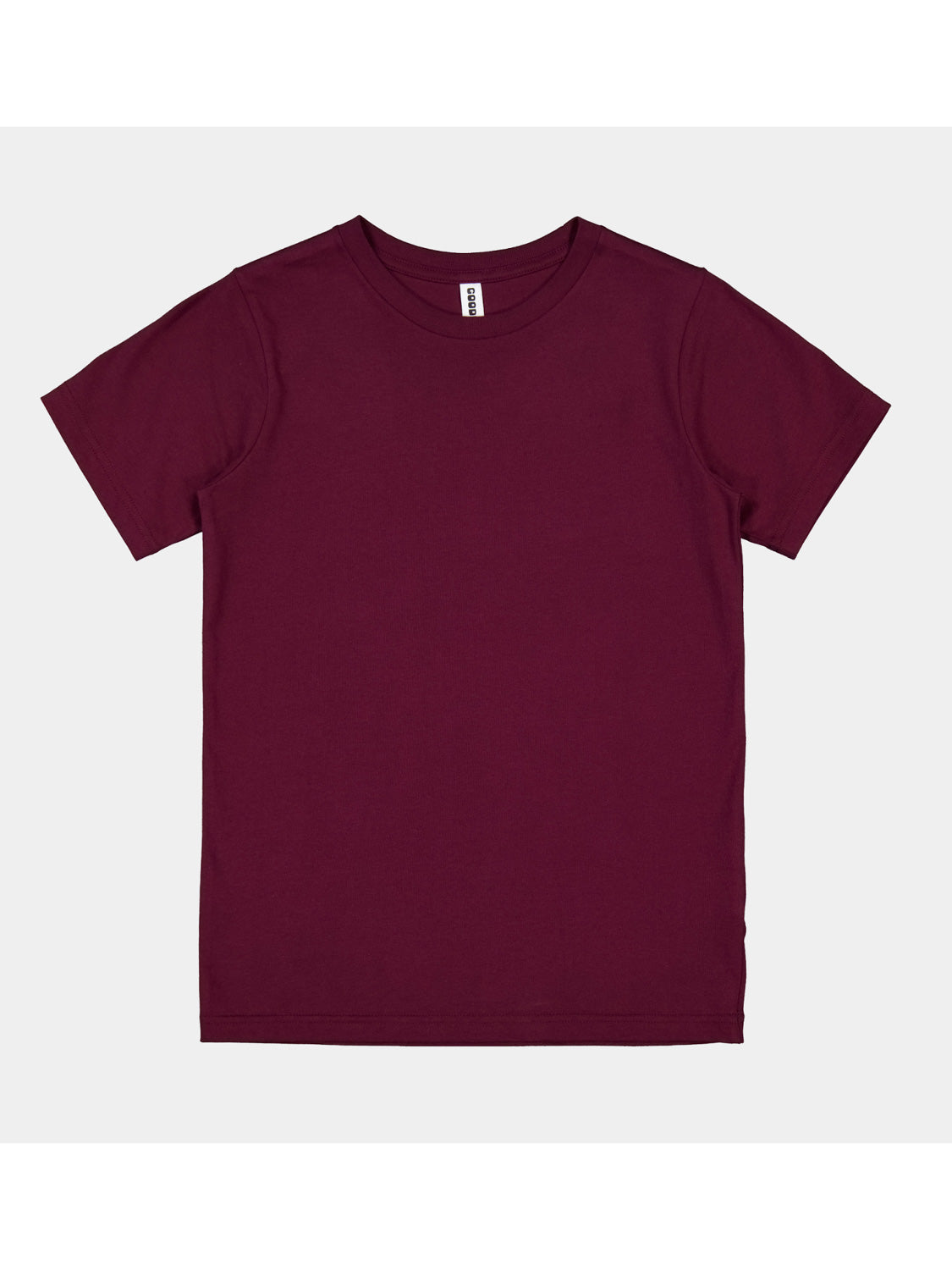 A maroon short-sleeve kids' cotton t-shirt with a ribbed crew neckline.