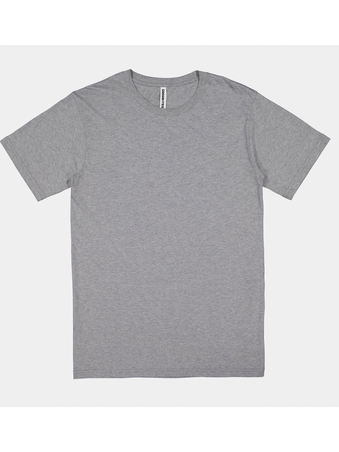A heather grey, short-sleeve cotton crewneck t-shirt for men shown flat against a white background.