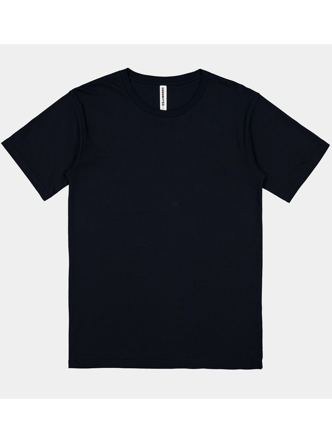 A plain black men's short sleeve cotton t-shirt with a ribbed crew neckline and a white neck label.