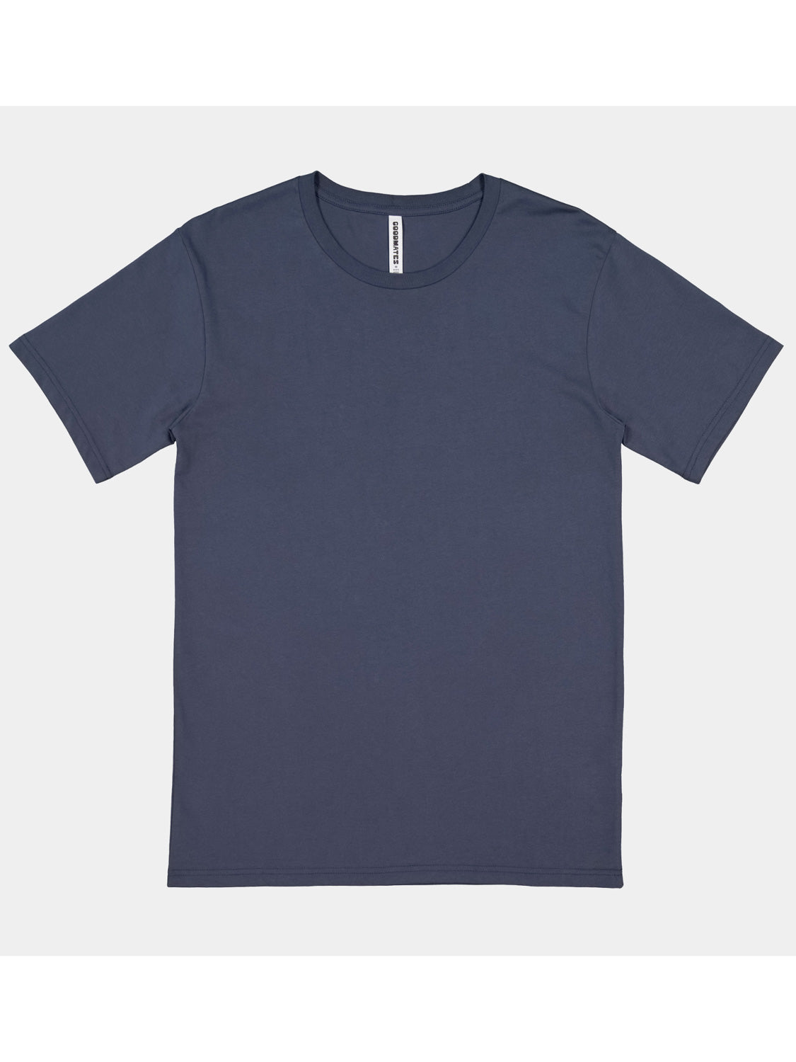 A navy blue men's short sleeve crew neck t-shirt laid flat against a light grey background.