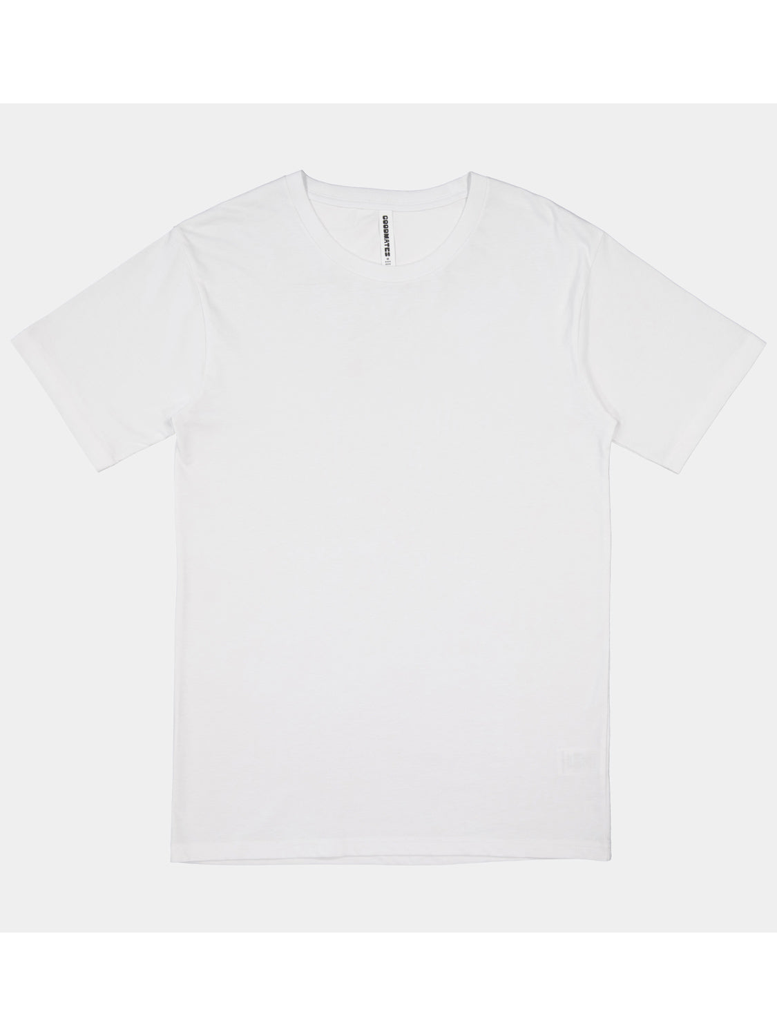 A plain white short sleeve crew neck t-shirt for men laid flat against a light grey background.