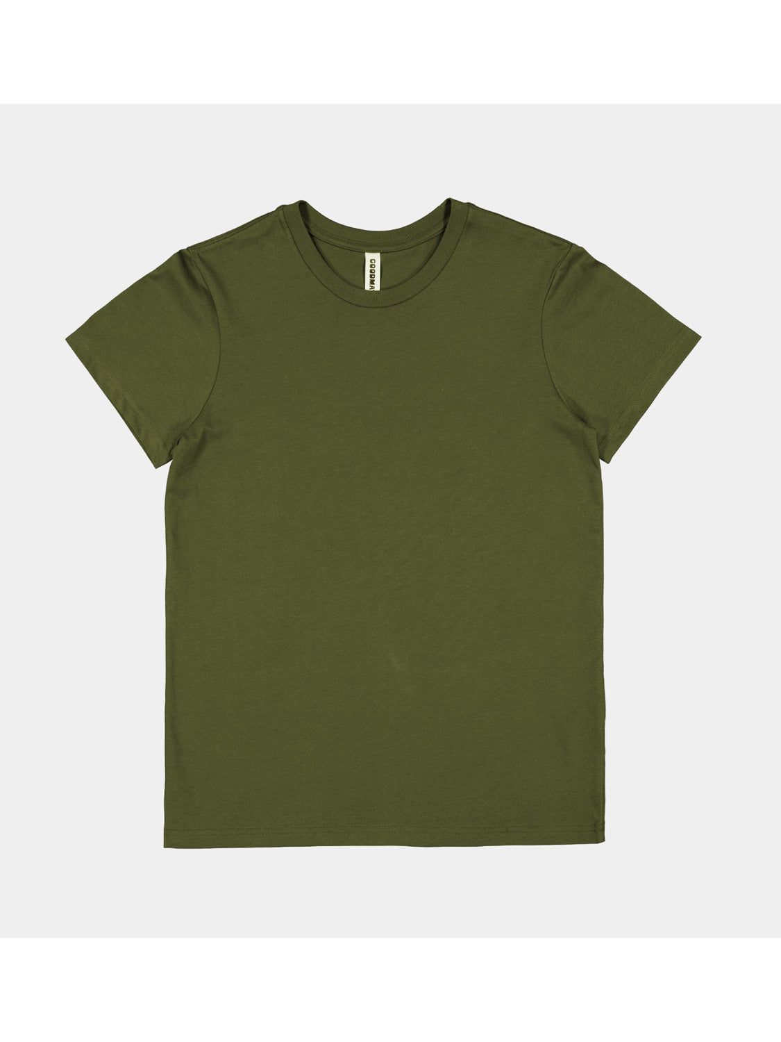Womens Basis Short Sleeve Tee in olive green with a ribbed crew neckline and classic fit.