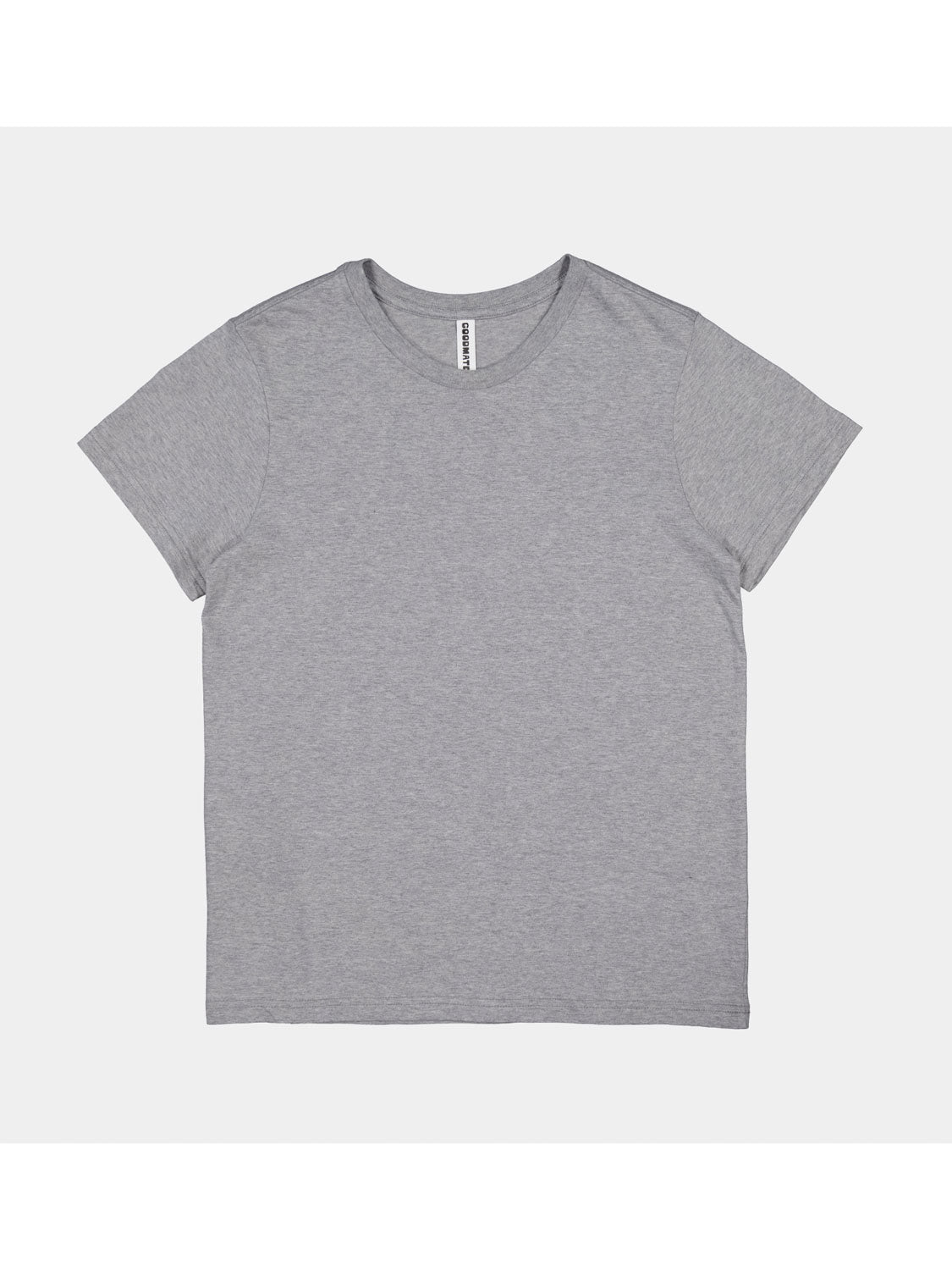 Womens Basis Short Sleeve Tee in a heather grey cotton jersey with a ribbed crew neckline.