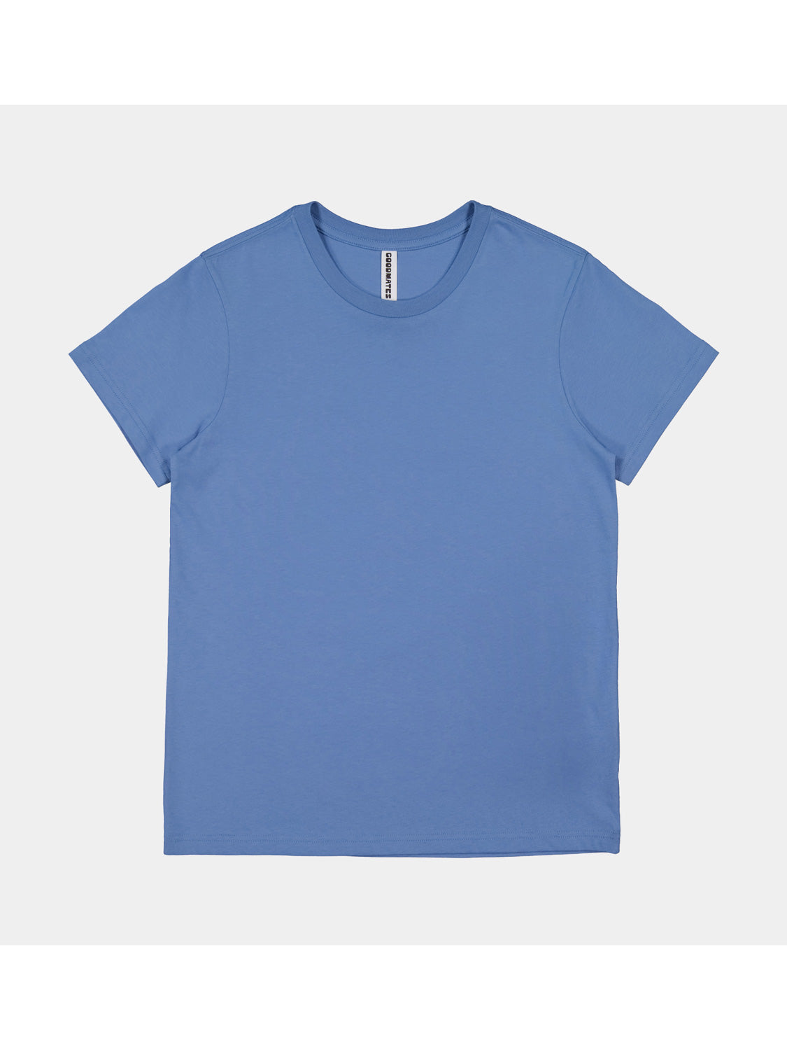 A blue short-sleeve cotton t-shirt for women with a ribbed crew neckline.