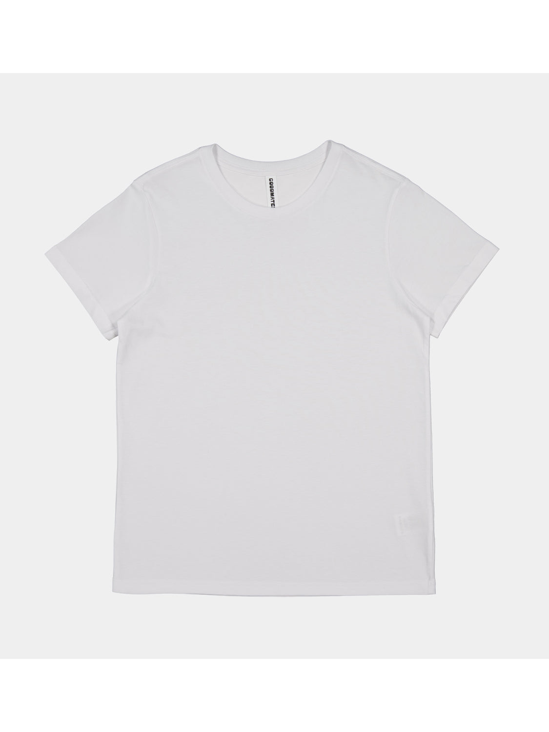A plain white women's short sleeve crew neck t-shirt laid flat against a light grey background.