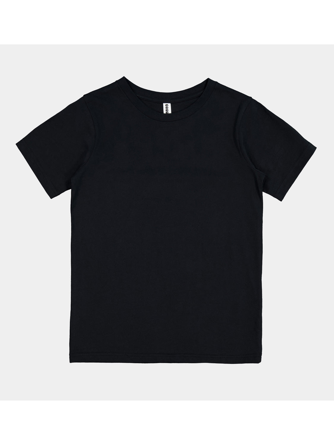 A plain black youth short sleeve t-shirt with a ribbed crew neckline and a classic fit.