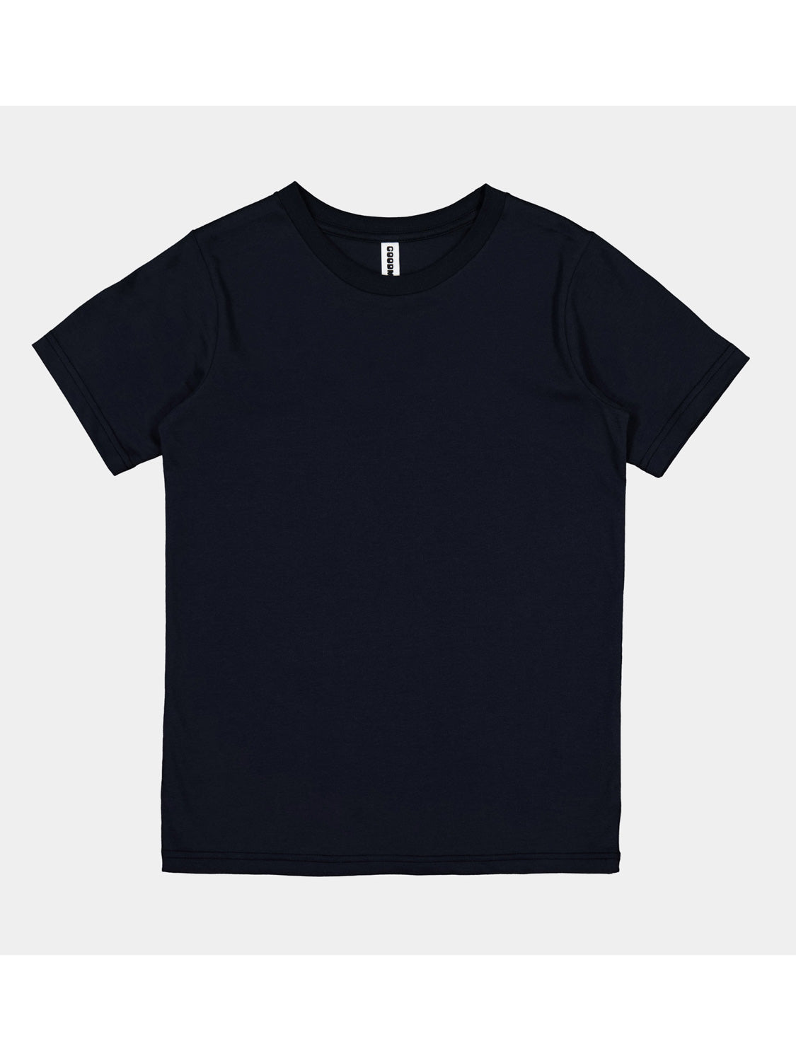A plain navy blue youth short sleeve t-shirt with a ribbed crew neckline on a light grey background.
