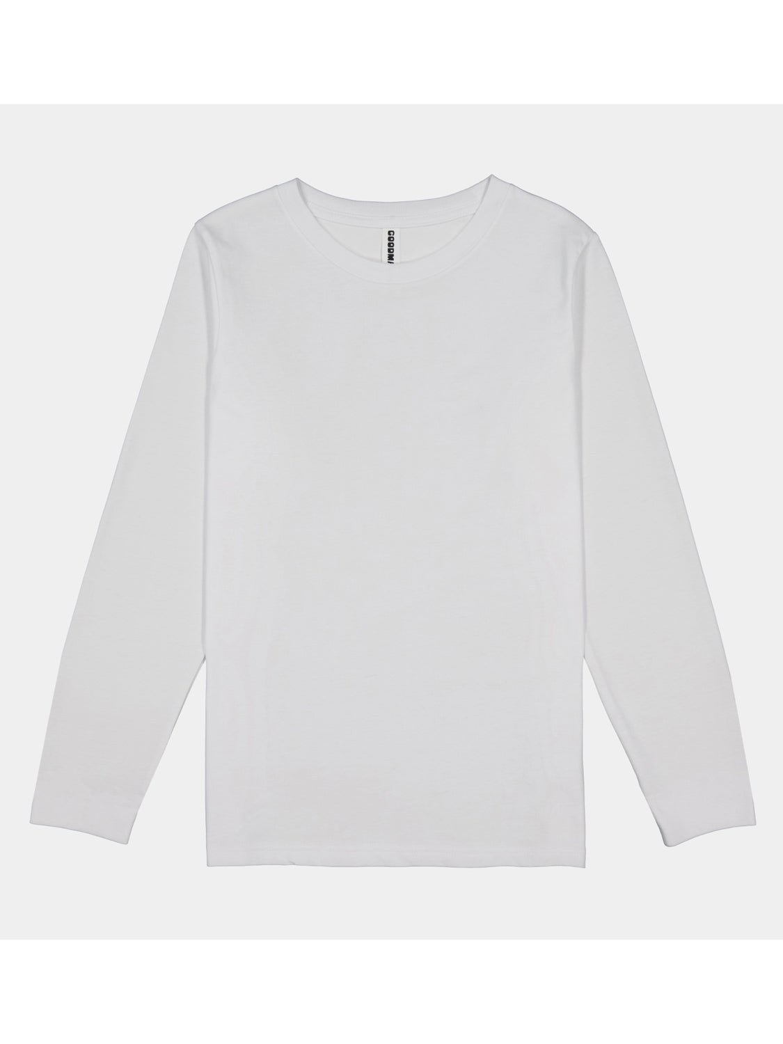 A plain white long-sleeve kids' t-shirt with a ribbed crew neckline and a classic fit.