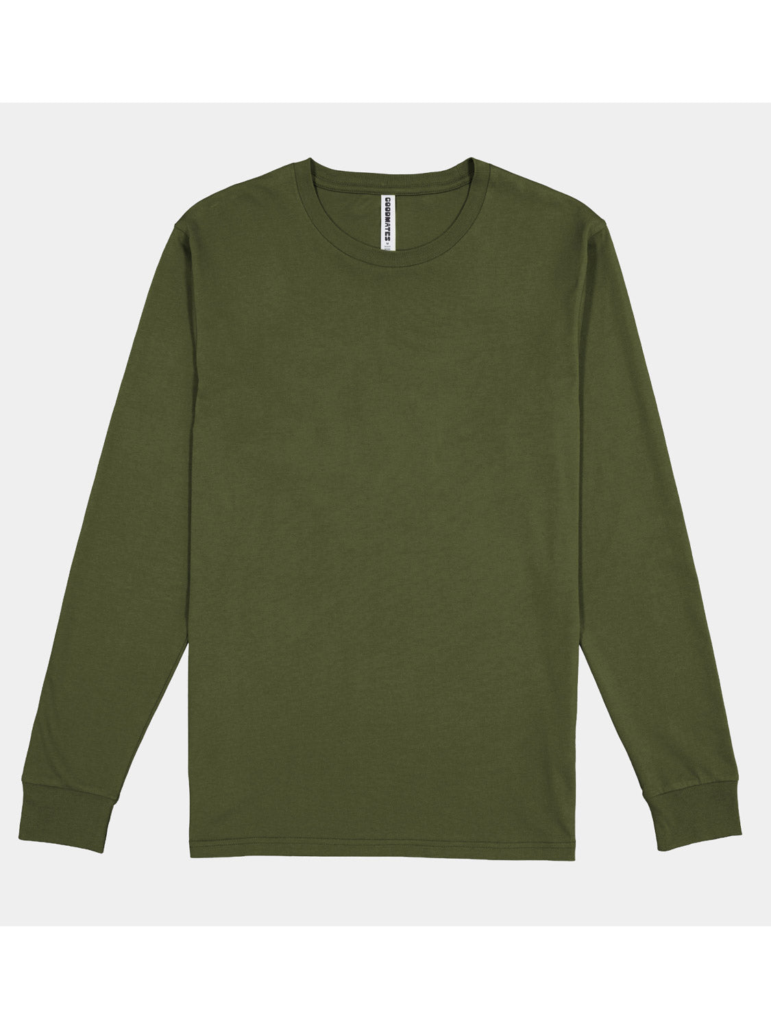 A men's olive green long-sleeve cotton t-shirt with a ribbed crew neckline and a classic fit.