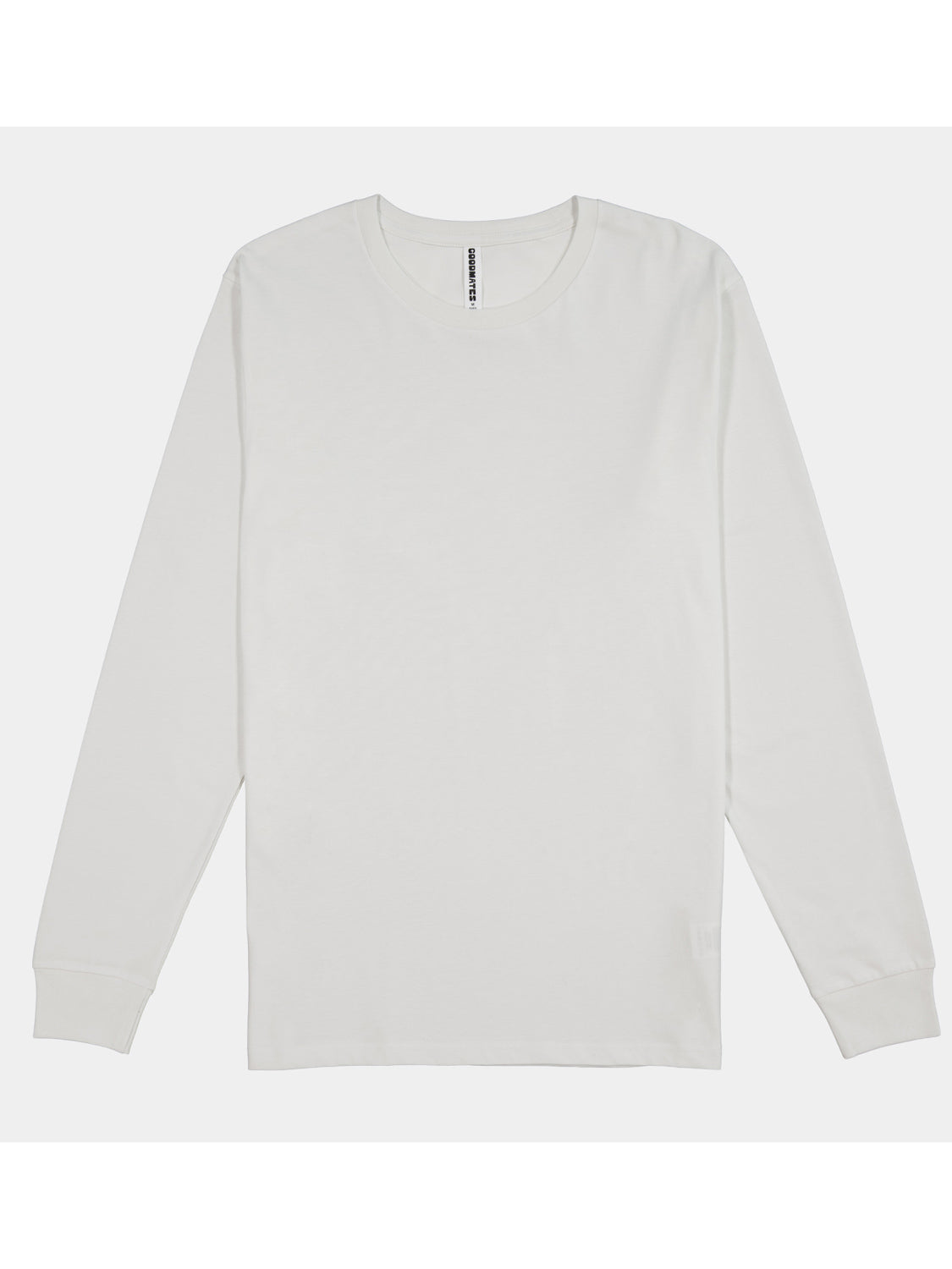 A plain white long-sleeve cotton t-shirt for men with a ribbed crew neckline and cuffs.