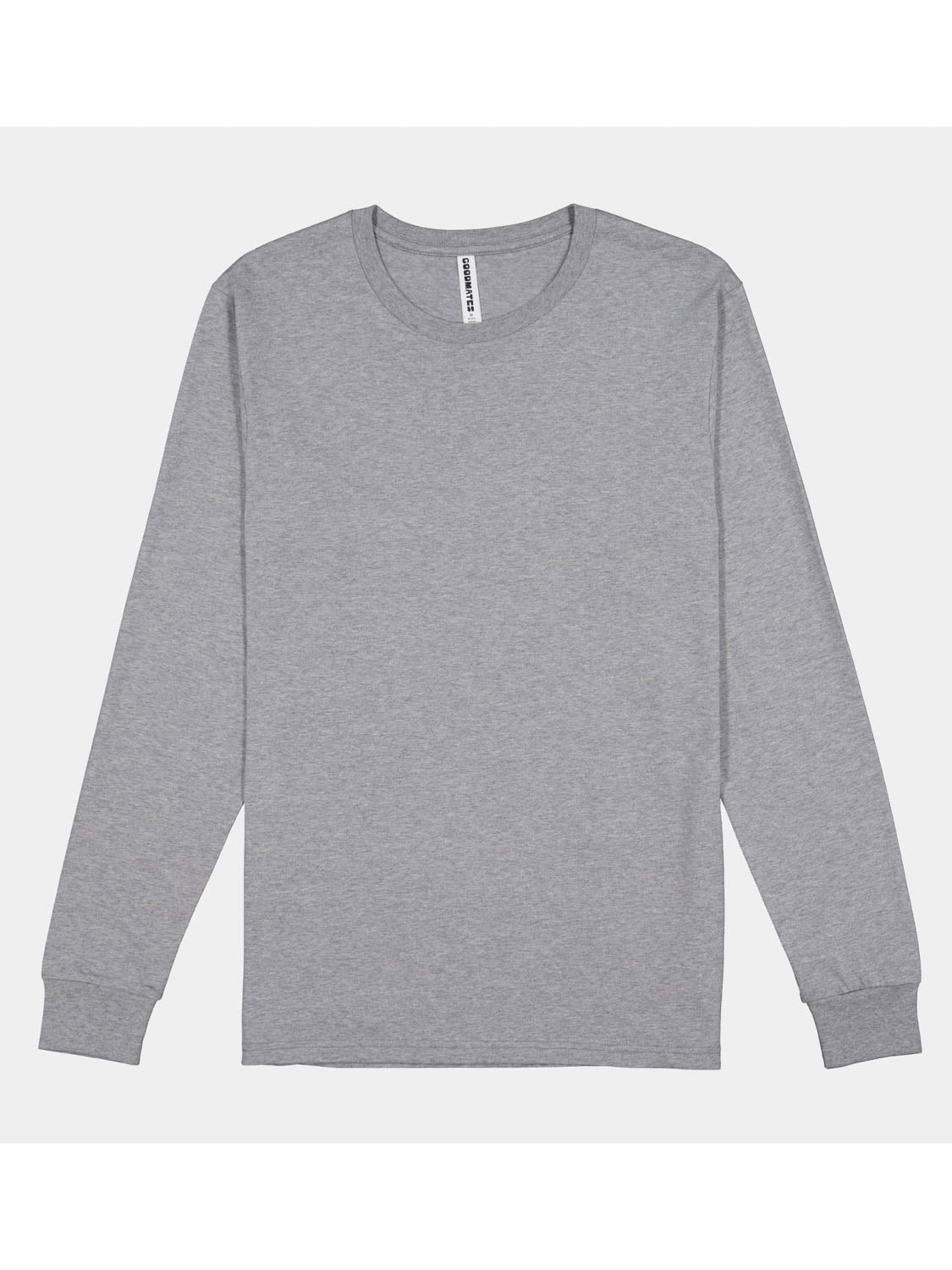 A heather grey men's long sleeve crew neck t-shirt with ribbed cuffs.