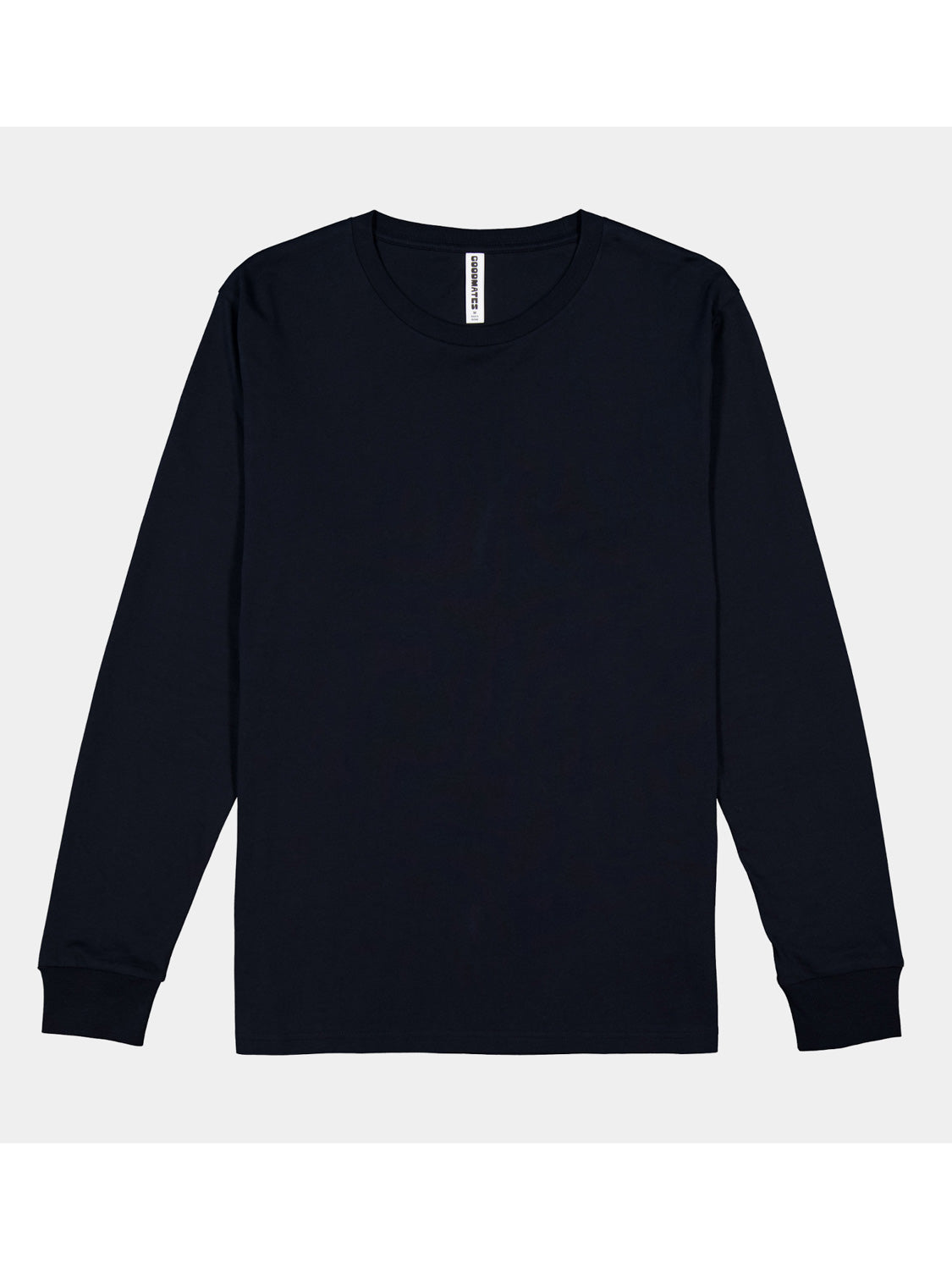 A men's navy blue long-sleeve cotton t-shirt with a ribbed crew neck and cuffs.
