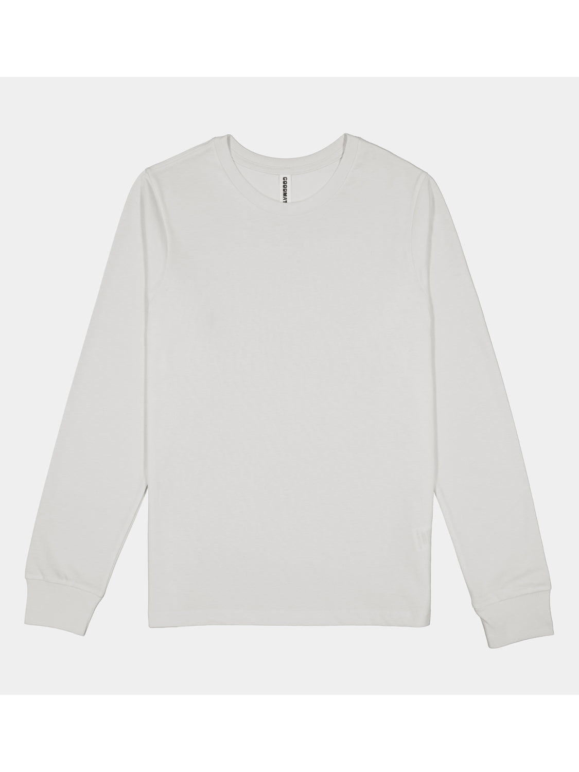 A plain white women's long sleeve cotton t-shirt with a ribbed crew neck and cuffs.