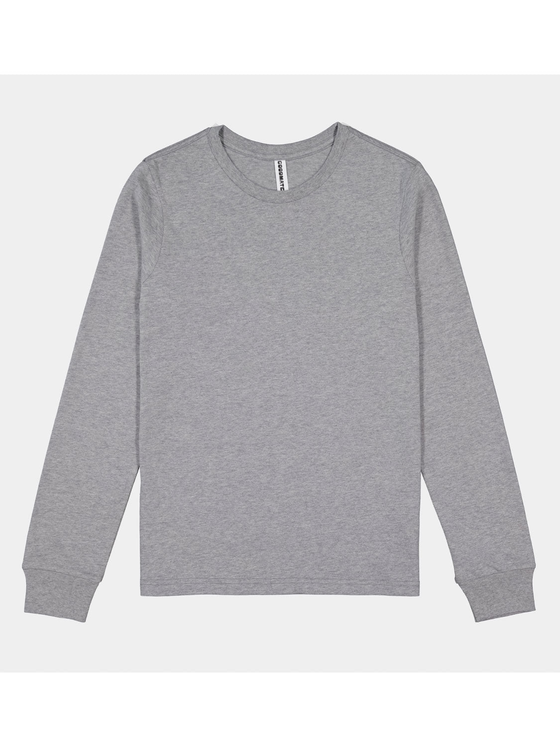 A grey, long-sleeve cotton t-shirt for women with a ribbed crew neck and cuffs.