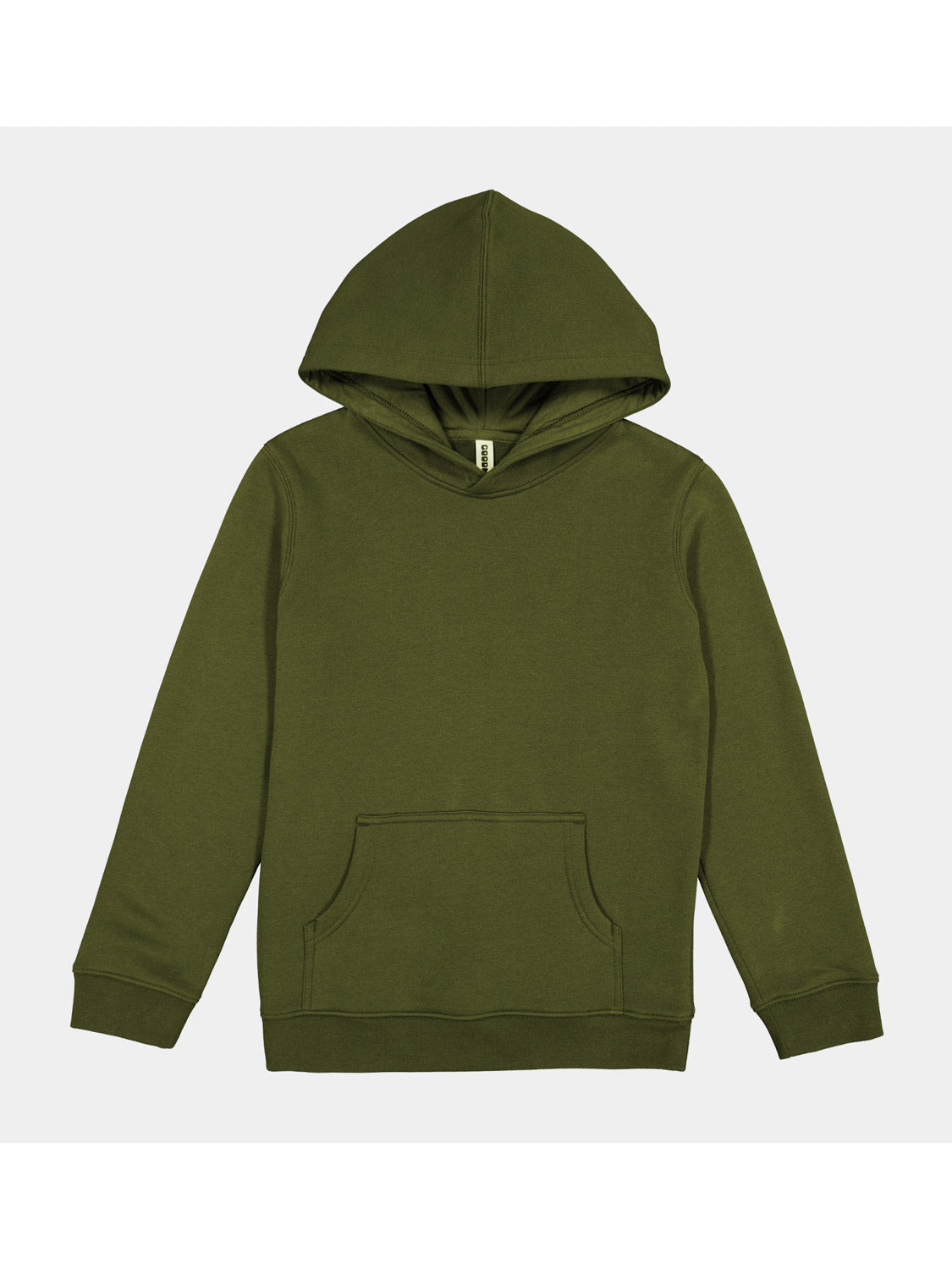 A plain olive green kids' hoodie with a front kangaroo pocket and ribbed cuffs.