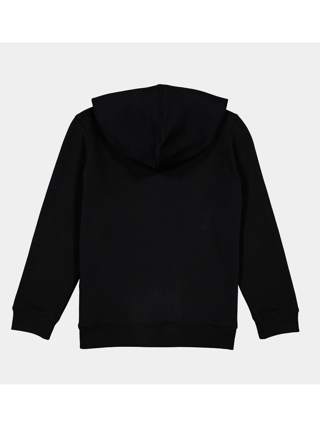 Back view of a plain black kids' hoodie with a hood and ribbed cuffs and hem.