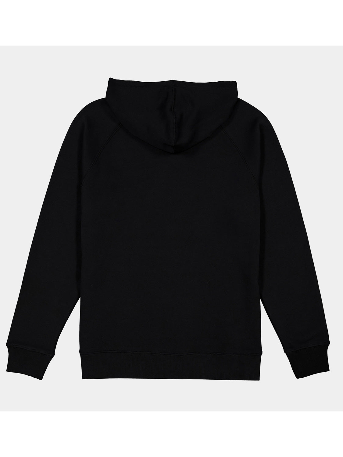 Back view of a plain black men's hoodie with raglan sleeves and ribbed cuffs and hem.