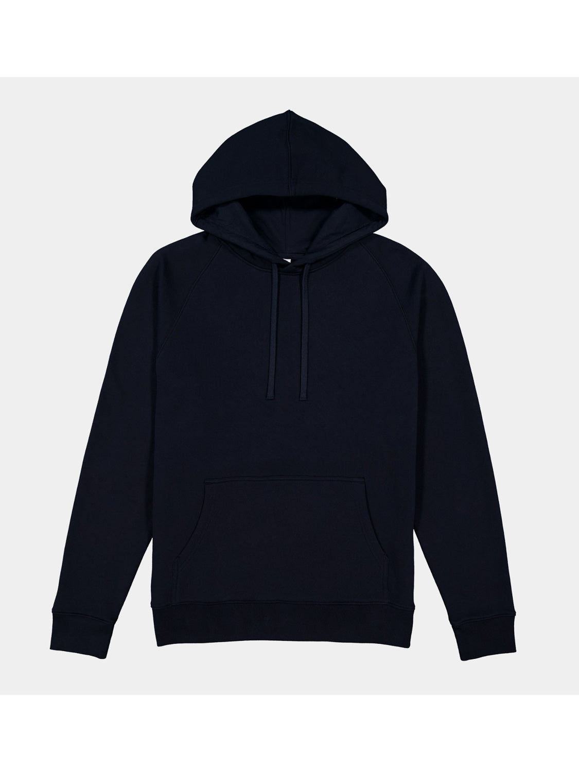 A navy blue men's basis hoodie with a front kangaroo pocket and adjustable drawstrings.