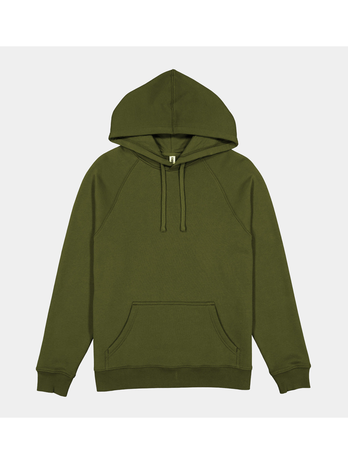 A women's olive green raglan sleeve hoodie with a front kangaroo pocket and adjustable drawstrings.