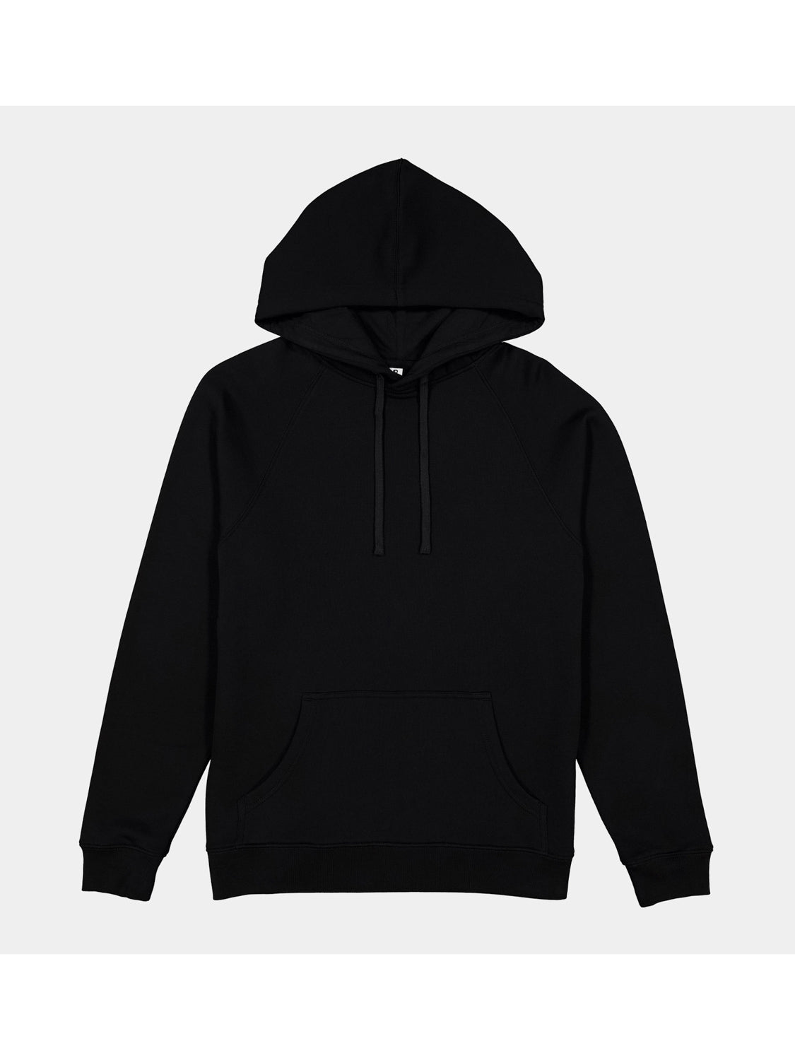 A black women's pullover hoodie with a front kangaroo pocket and adjustable drawstrings.