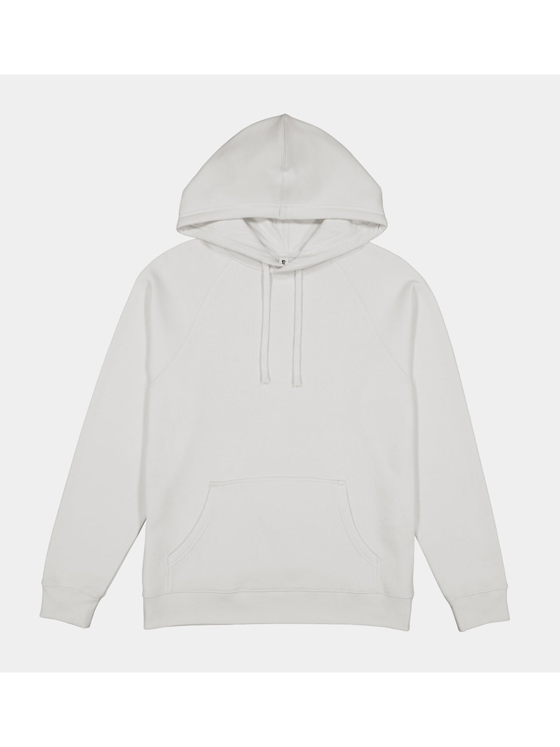 A plain white women's hoodie with a front kangaroo pocket and adjustable drawstrings.