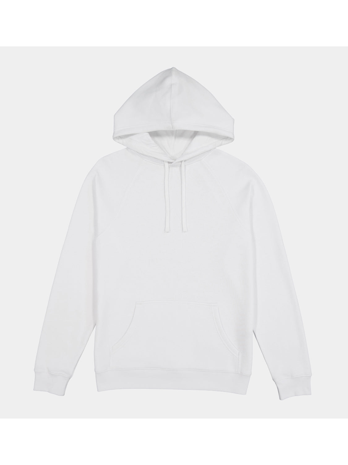 A plain white women's hoodie with a front kangaroo pocket and adjustable drawcord hood.