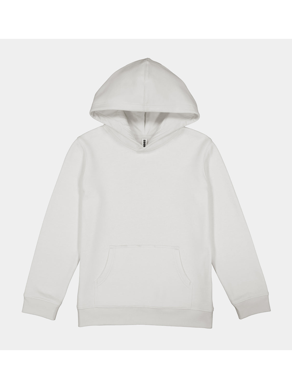 A plain white youth hoodie with a front kangaroo pocket, ribbed cuffs, and a hood.