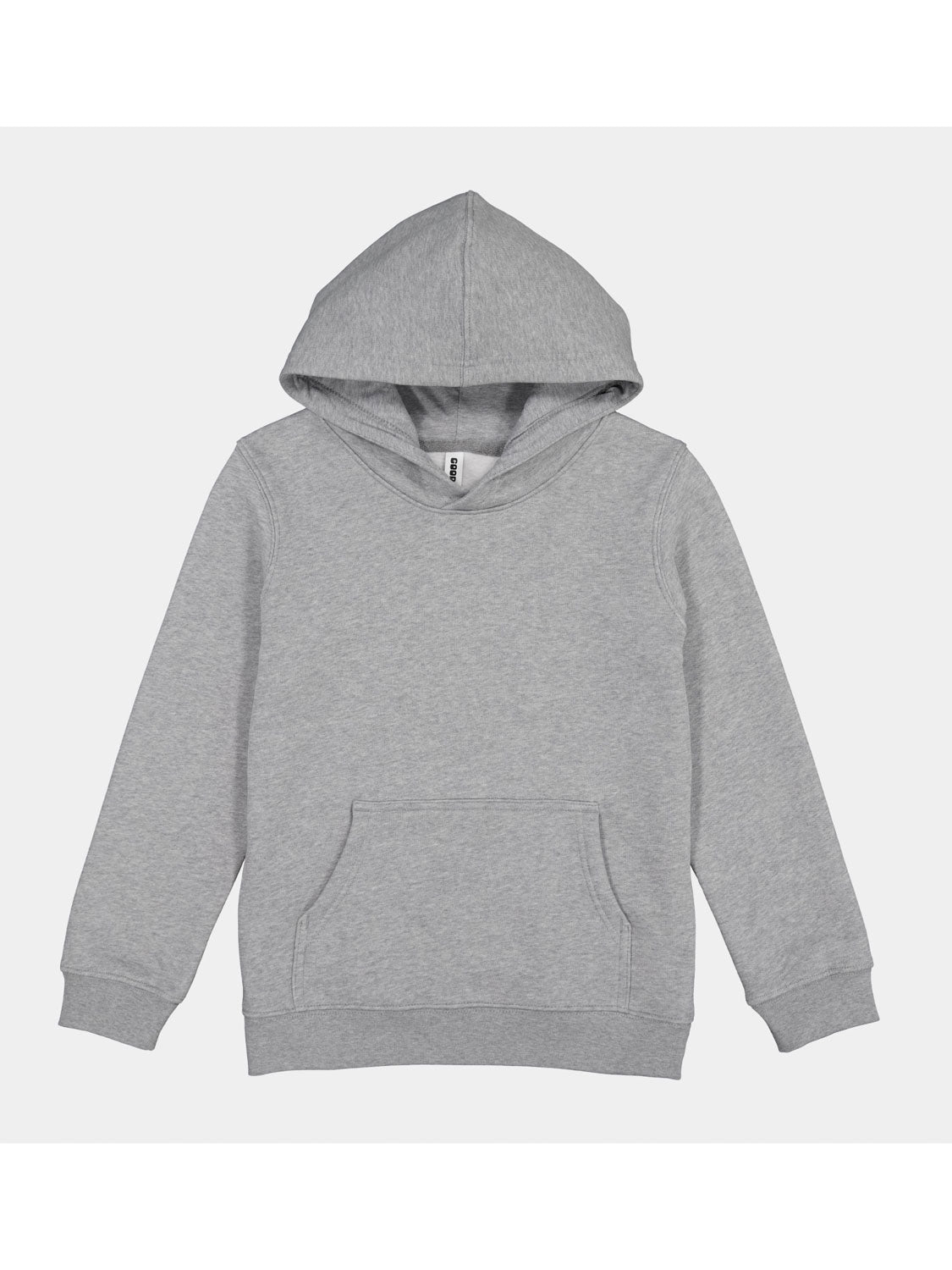 A plain grey youth hoodie with a front kangaroo pocket and ribbed cuffs.