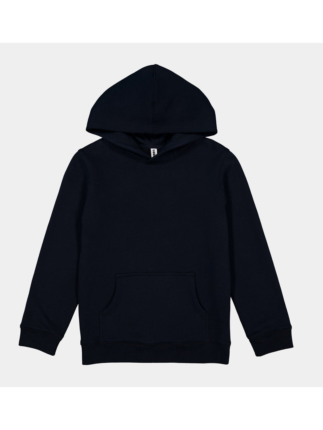 A plain navy blue youth hoodie with a front kangaroo pocket and ribbed cuffs.