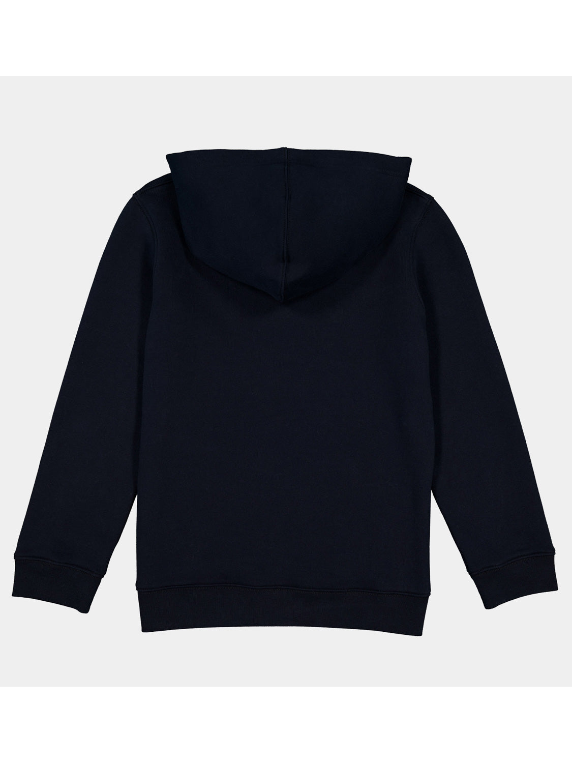 Back view of a navy blue youth hoodie with a classic fit and ribbed cuffs and waistband.
