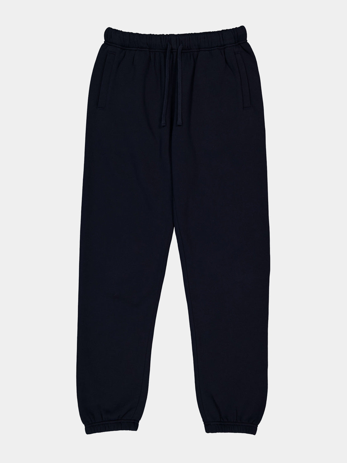 Womens navy blue relaxed fit track pants with an elastic drawstring waist and cuffed ankles.
