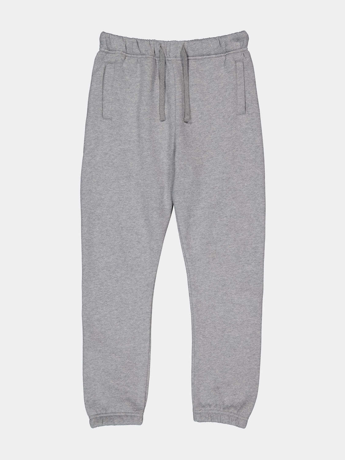 Youth Basis Track Pant in grey heather with an elastic drawstring waist and cuffed ankles.