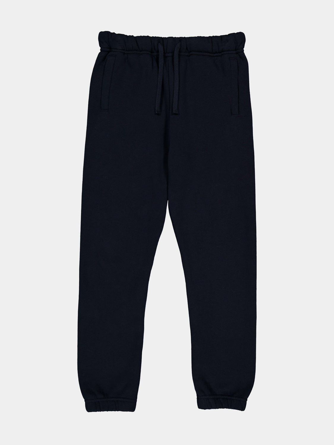 Youth Basis Track Pant in navy blue with an elastic drawstring waist and ribbed cuffs.
