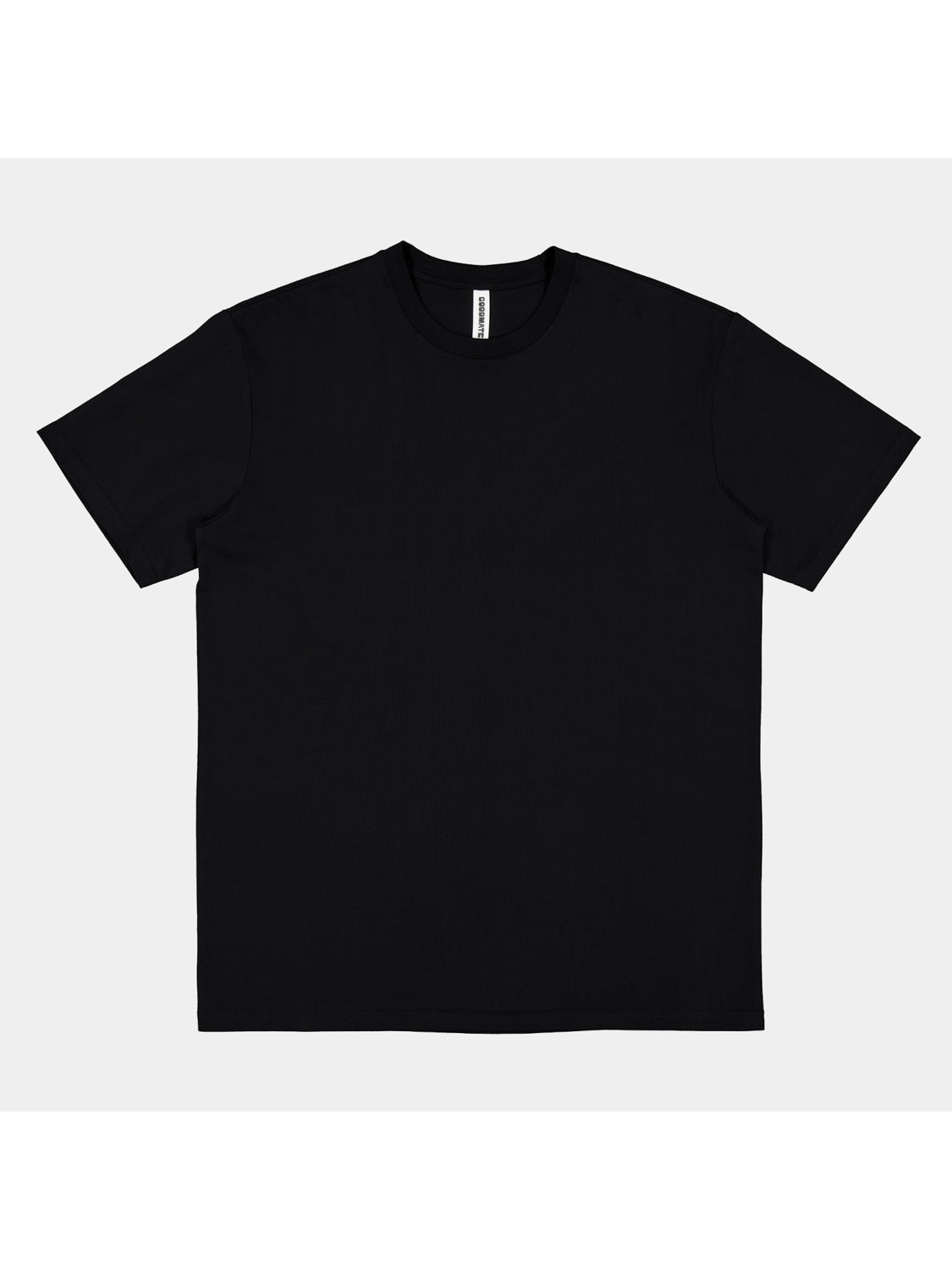 A plain black short sleeve crew neck t-shirt for men displayed against a light grey background.