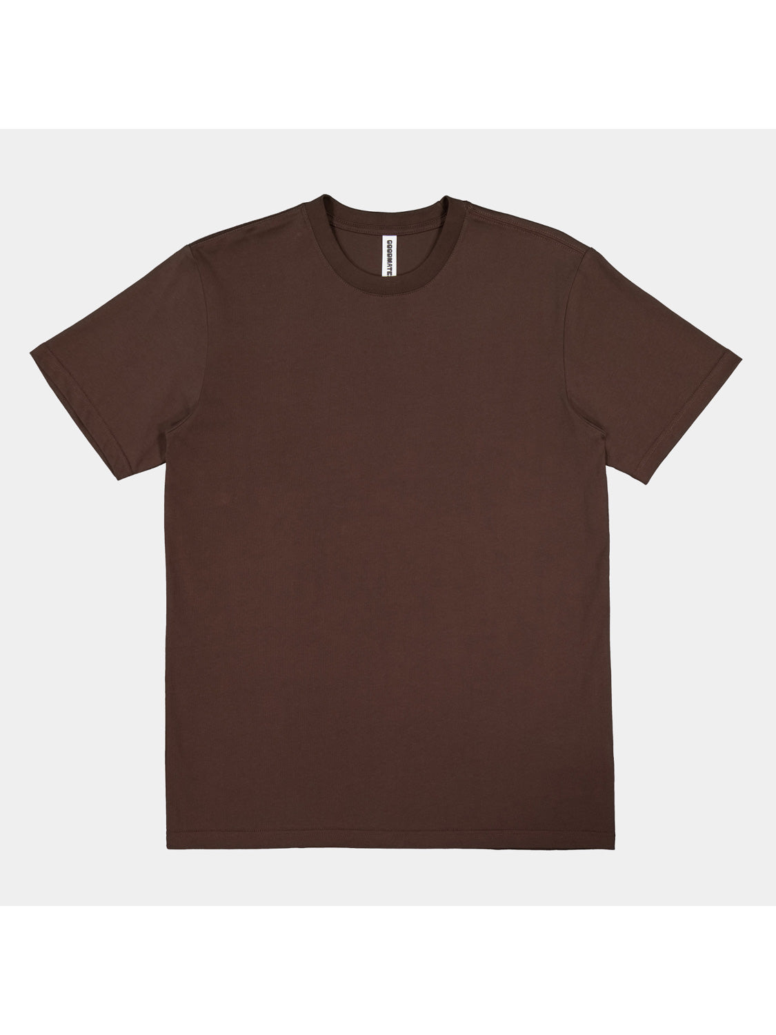 A dark brown, short-sleeve cotton t-shirt with a ribbed crew neckline and a relaxed fit.