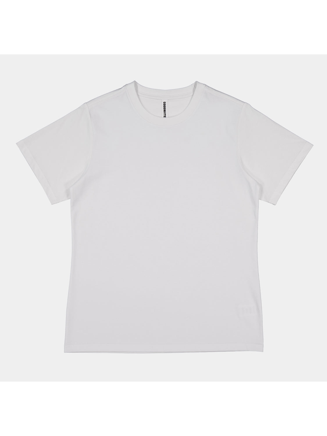 A plain white women's short sleeve cotton t-shirt with a ribbed crew neckline.