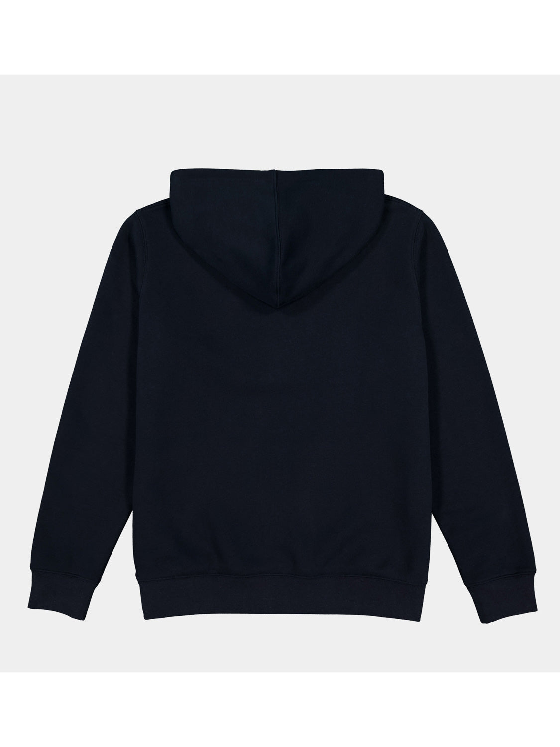 Back view of a navy blue women's everyday hoodie with a hood and ribbed cuffs.